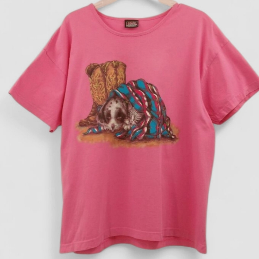 Vintage Puppy Kitten Western Boot Graphic T-Shirt Women's XL Pink Ozark Mountain